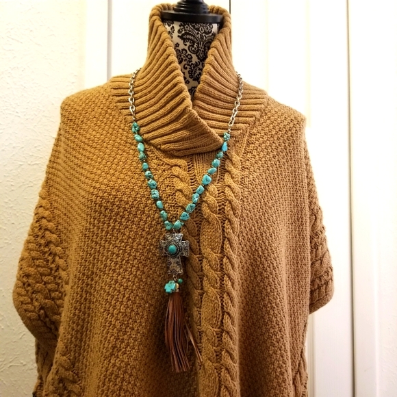 Turquoise Cross Tassel Necklace & Earring Set - Picture 5 of 6